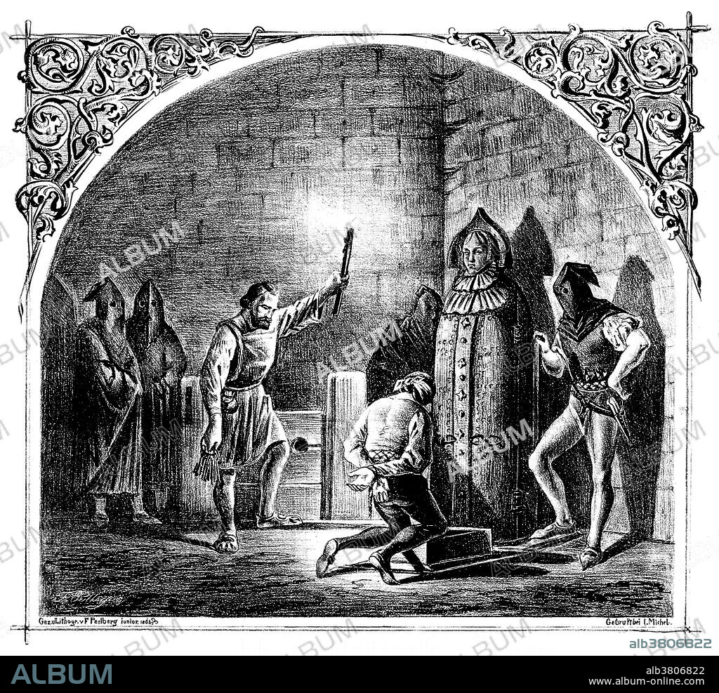A man is forced to kneel before an iron maiden in a dungeon in Nuremberg. The iron maiden (AKA, jungfernkuss, eiserne jungfrau, the virgin, kiss of the virgin) is a fictional iron cabinet torture device with a hinged front and spike-covered interior to enclose a human being. Wolfgang Schild, a professor of criminal law and criminal law history at the University of Bielefeld, has argued that putative iron maidens were pieced together from artifacts found in museums to create spectacular objects intended for exhibition. It is unlikely that any of these iron maidens were ever employed as instruments of torture. The 17th century iron maidens may have been constructed as probable misinterpretation of a medieval Schandmantel (coat of shame or barrel of shame), which was made of wood and metal but without spikes. Inspiration for the iron maiden may also have come from the Carthaginian execution of Marcus Atilius Regulus, who "packed him into a tight wooden box, spiked with sharp nails on all sides so that he could not lean in any direction without being pierced". The most famous iron maiden that popularized the design was that of Nuremberg, first displayed as far back as 1802. The original was lost in the Allied bombing of Nuremberg in 1944. Lithograph by Friedrich Perlberg, 1863.