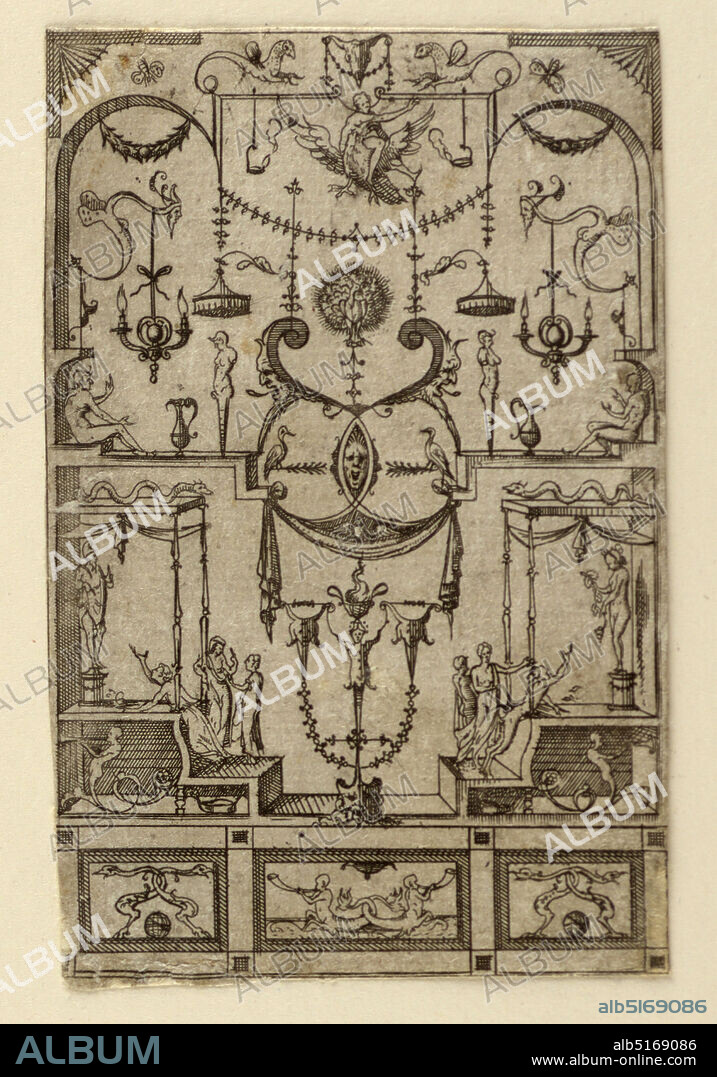 Plate from Opus de ludicro picturae genere (A Work About the Playful Style of Painting), Jacques Androuet Du Cerceau the Elder, French, ca. 1515 - after 1584, Luca Bertelli, Italian, ca. 1560 - 1594, Etching on laid paper, At top, center, Ganymede rides an eagle under a bucranium. At left, a woman kneels before a figure; at right, a satyr kneels to another figure. At bottom, a tri-partite dado., France, ca. 1562, ornament, Print, Print.