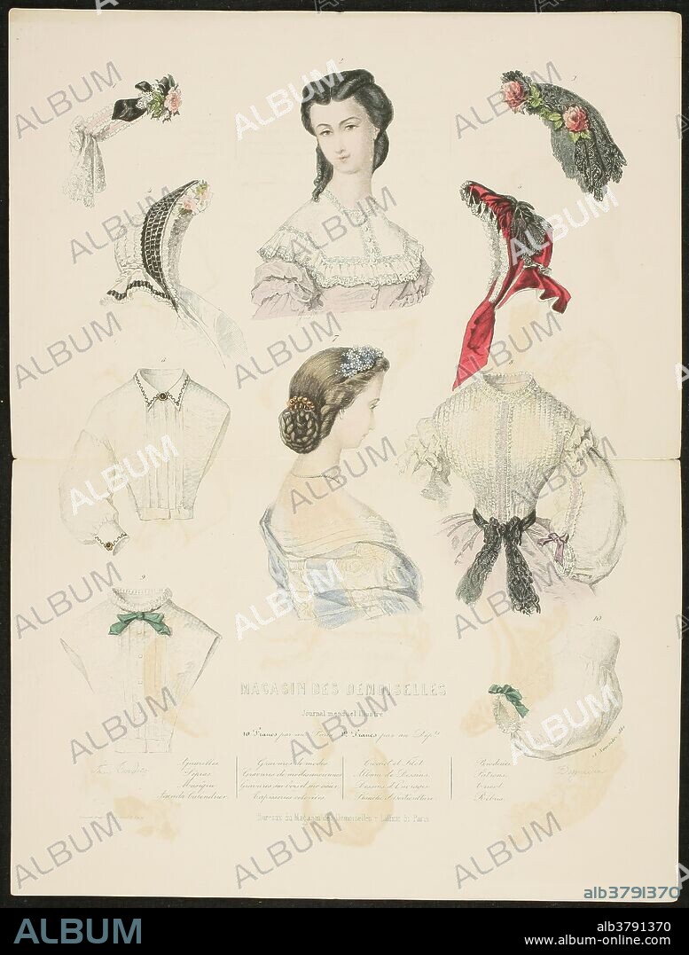ADÈLE ANAÏS COLIN TOUDOUZE y J. DESJARDINS. Adèle Anaïs Colin Toudouze; J. Desjardins / 'Anuncio de moda de París'. 1862. Litografía a pluma, Iluminada sobre papel avitelado, 295 x 235 mm.