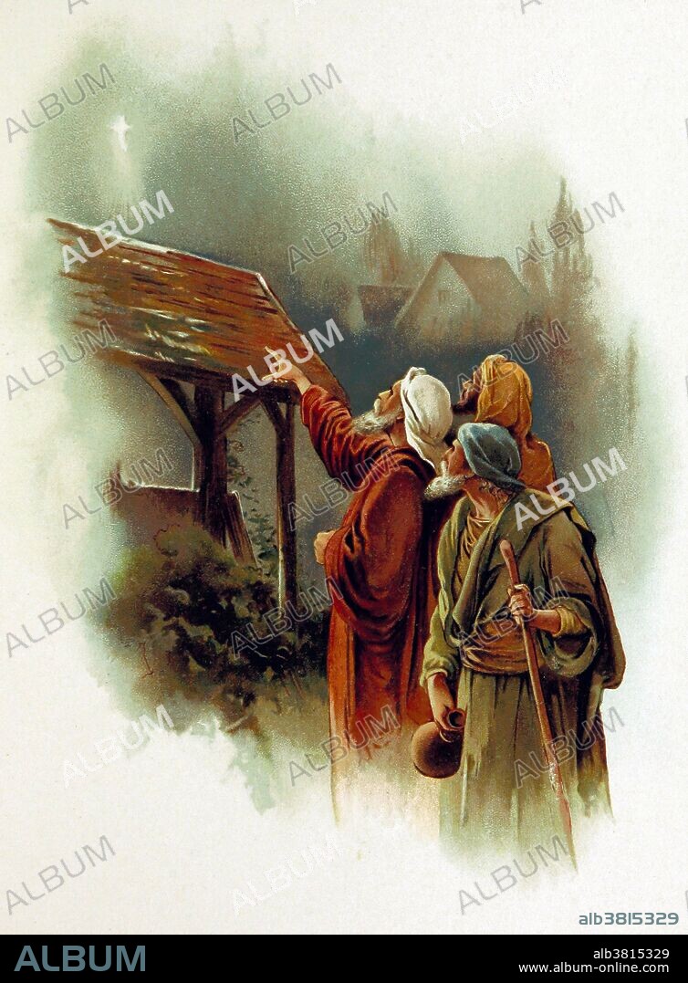 The Magi, also referred to as the (Three) Wise Men or (Three) Kings were, a group of distinguished foreigners who visited Jesus after his birth, bearing gifts of gold, frankincense and myrrh. They are regular figures in traditional accounts of the nativity celebrations of Christmas and are an important part of Christian tradition. Image taken from page 5 of '"It came upon the Midnight clear. A Christmas Carol" by Edmund Hamilton Sears, 1890.