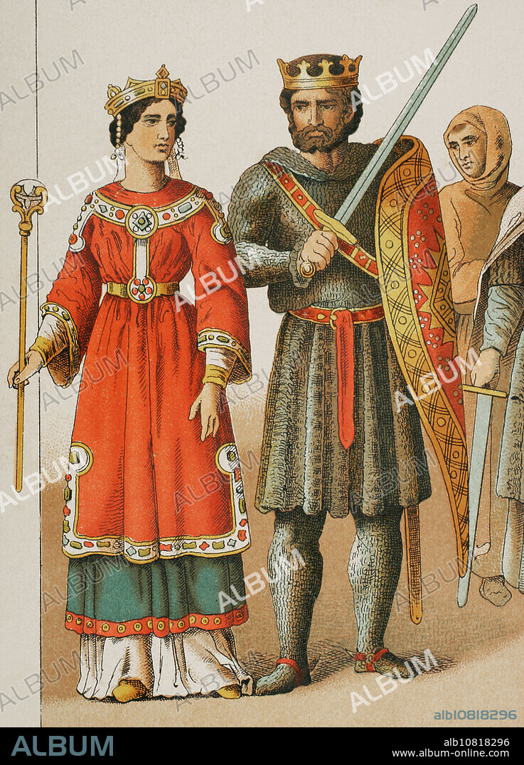 Historia de Francia, 1100. Reina, rey y hombre del pueblo. Cromolitografía. "Historia Universal", por César Cantú. Tomo V, 1884.