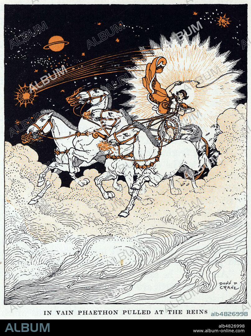 Phaeton tirait sur les rennes en vain (perdant le controle du char solaire de son pere Helios). Illustration de Donn P. CRANE (1878-1944) pour The story of Phaeton repris dans Journeys through Bookland en 1922. Credit : Collection Jonas/KHARBINE-TAPABOR.