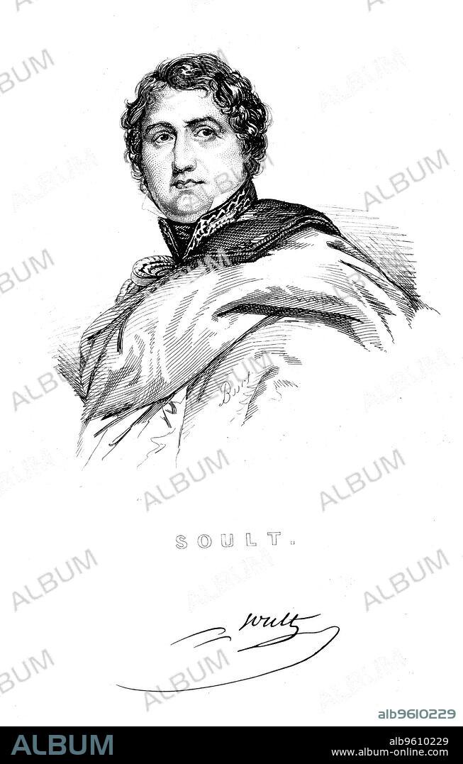 Nicolas Jean de Dieu Soult, French soldier and statesman. Created Marshal of France by Napoleon in 1804, Soult (1769-1851) commanded the French forces in Spain and Portugal in the Peninsular War (1809-1814). After Wellington's victory in Spain, Soult fashioned a political career for himself. He held various offices, including that of Prime Minister on three occasions. A political opportunist, he constantly reinvented himself as a Bonapartist, royalist or republican depending on the political climate prevailing in France at the time.