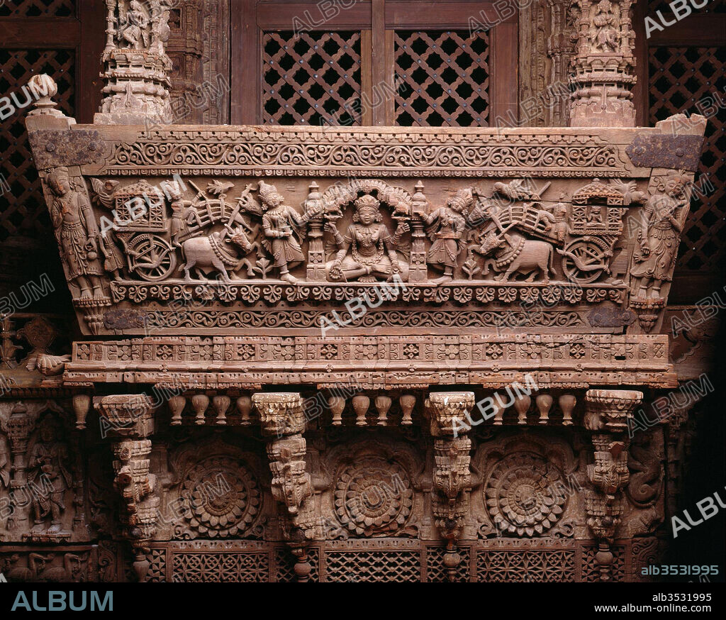 Architectural Ensemble from a Jain Meeting Hall, last quarter of 16th century, India (Gujarat, Patan), Teak with traces of color, H. (approx.) 15 ft. (4.58 cm), Sculpture, The carved wooden dome, balconies and supports of this architectural ensemble belonged to the gudha-mandapa (meeting and prayer hall) of the Vadi Parshvanatha Jain temple in Patan, Gujarat. The temple was dedicated on May 13, 1596.