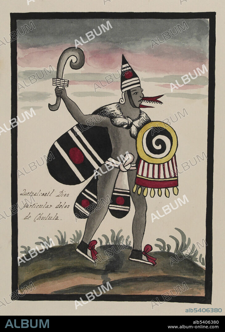 Entitled: Quetzalcoatl dios particular de los de Chulula. Quetzalcoatl, with conical hat, a beak, and feathered shield and cape, holding a curved knife. Quetzalcoatl was a god of creation, linked to fertility and resurrection. Quetzalcoatl was related to gods of the wind, of Venus, of the dawn, of merchants and of arts, crafts and knowledge. He was also the patron god of the Aztec priesthood, of learning and knowledge. Quetzalcoatl was one of several important gods in the Aztec pantheon along with the gods Tlaloc, Tezcatlipoca and Huitzilopochtli. To the Aztecs, Quetzalcoatl was, as his name indicates, a feathered serpent, a flying reptile (much like a dragon), who was a boundary maker and transgressor between earth and sky. He was also a creator deity having contributed essentially to the creation of Mankind. The Tovar Codex (16th century) contains detailed information about the rites and ceremonies of the Aztecs. The codex is illustrated with 51 full-page paintings in watercolor. Illustration taken from a 19th century transcript of Juan de Tovar's Historia de la benida de los yndios apoblar a Mexico (the Co´dice Tovar).