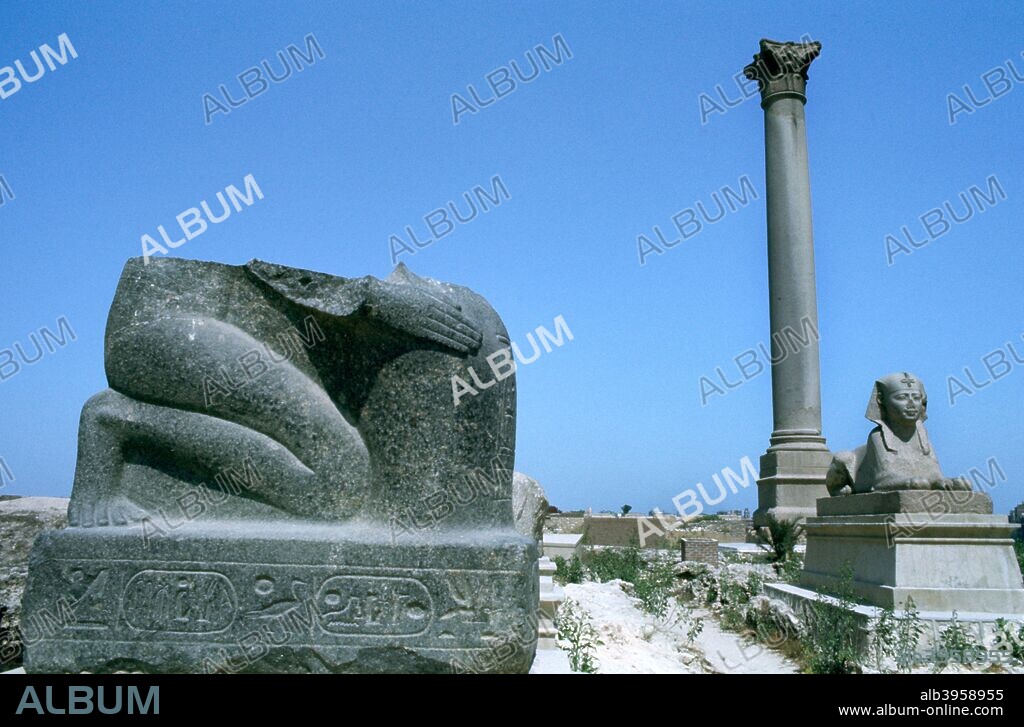 Pompey's Pillar, Alexandria, Egypt. Probably the best-known ancient monument still standing in Alexandria, the pilliar actually has nothing to do with Pompey but was erected in 293 AD for the Roman Emperor Diocletian.