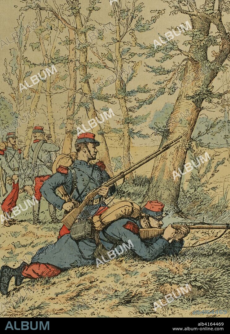 Infantería de línea. Escena de escaramuzas. Ilustración a color de la "Armeé Française, Nos Soldats" (Ejército Francés, Nuestros Soldados). Autor, Eugene Hennebert (1826-1896). París, h. 1890. Ilustración firmada por Hussenot y Pallandre. Biblioteca Histórico Militar de Barcelona, Cataluña, España.