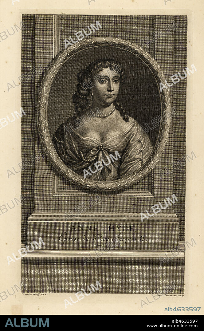 Anne Hyde, Duchess of York, wife of King James II of England, epouse du Roy Jaques II. In decollete dress with pearl necklace, pearls in her ringlets. Copperplate engraving by Charles Simonneau after Adriaen van der Werff from Isaac de Larreys Histoire dAngleterre, dEcosse et dIrlande, Amsterdam, 1730.