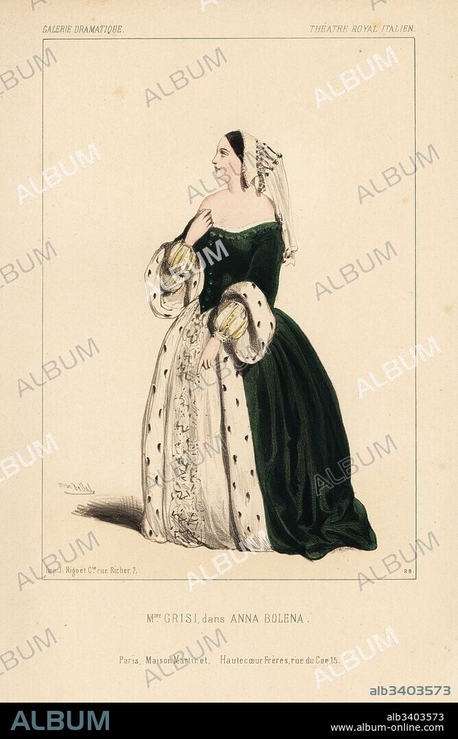 Italian opera singer Giulia Grisi as Ann Boleyn in the opera Anna Bolena by Gaetano Donizetti, Theatre Royal Italien, 1832. Handcoloured lithograph after an illustration by Victor Dollet from Galerie Dramatique: Costumes des Theatres de Paris, Paris, 1844.