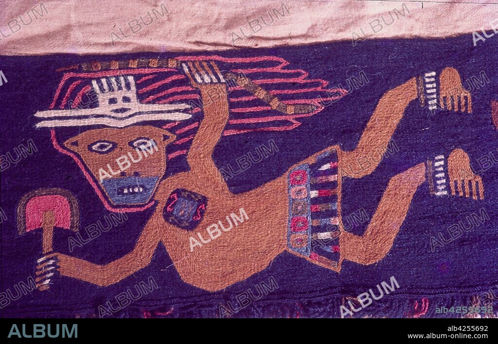 Paracas textile, cloth, depicting  anthropomotfic flying figures. The Paracas culture was an Andean society existing between approximately 800 BCE and 100 BCE. Investigated by Peruvian archaeologist, Julio Tello, in the 1920s.