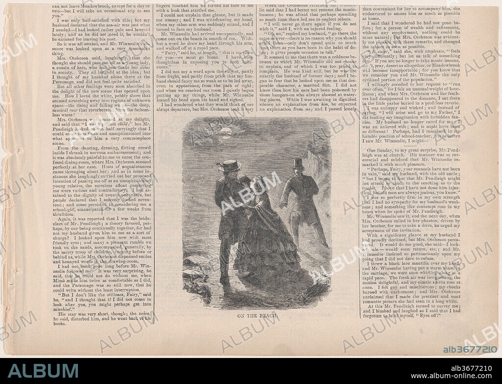 On the Beach (The Mistress of the Parsonage, in Harper's Weekly). Artist: Winslow Homer (American, Boston, Massachusetts 1836-1910 Prouts Neck, Maine). Dimensions: image: 4 3/8 x 3 1/2 in. (11.1 x 8.9 cm)
sheet: 16 1/8 x 11 5/16 in. (41 x 28.8 cm). Date: March 10, 1860.
Illustration to a novel by Ella Rodman Church (b. 1831) "The Mistress of the Parsonage" serialized in "Harper's Weekly" in 1860.