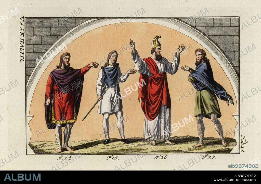 Anglo Saxon men wearing mantles: nobleman wearing a great purple mantle (24), a young man wearing a mantle (25), a man of high rank in red mantle and Phrygian cap (26) and method of wearing mantle over the shoulders when walking (27). Handcolored copperplate engraving from Robert von Spalart's Historical Picture of the Costumes of the Principal People of Antiquity and Middle Ages, Vienna, 1796.