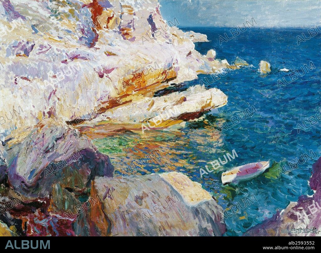Joaquin Sorolla y Bastida 1863-1923 Spanish artist. 'Rocas de Jávea y el bote blanco' Ricks of javier with a white boat. 1905.