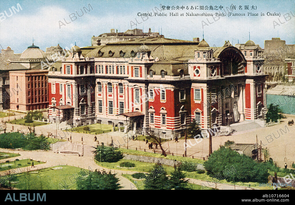 [ 1920s Japan - Osaka Central Public Hall ] Osaka Central Public Hall (Osakashi Chuo Kokaido) on Nakanoshima, Osaka. It was designed by Shinichiro Okada (1883-1932) and opened in 1918 (Taisho 7). The construction was made possible by the financial contribution of 1 million yen by speculator and businessman Einosuke Iwamoto (11877-1916). 20th century vintage postcard.