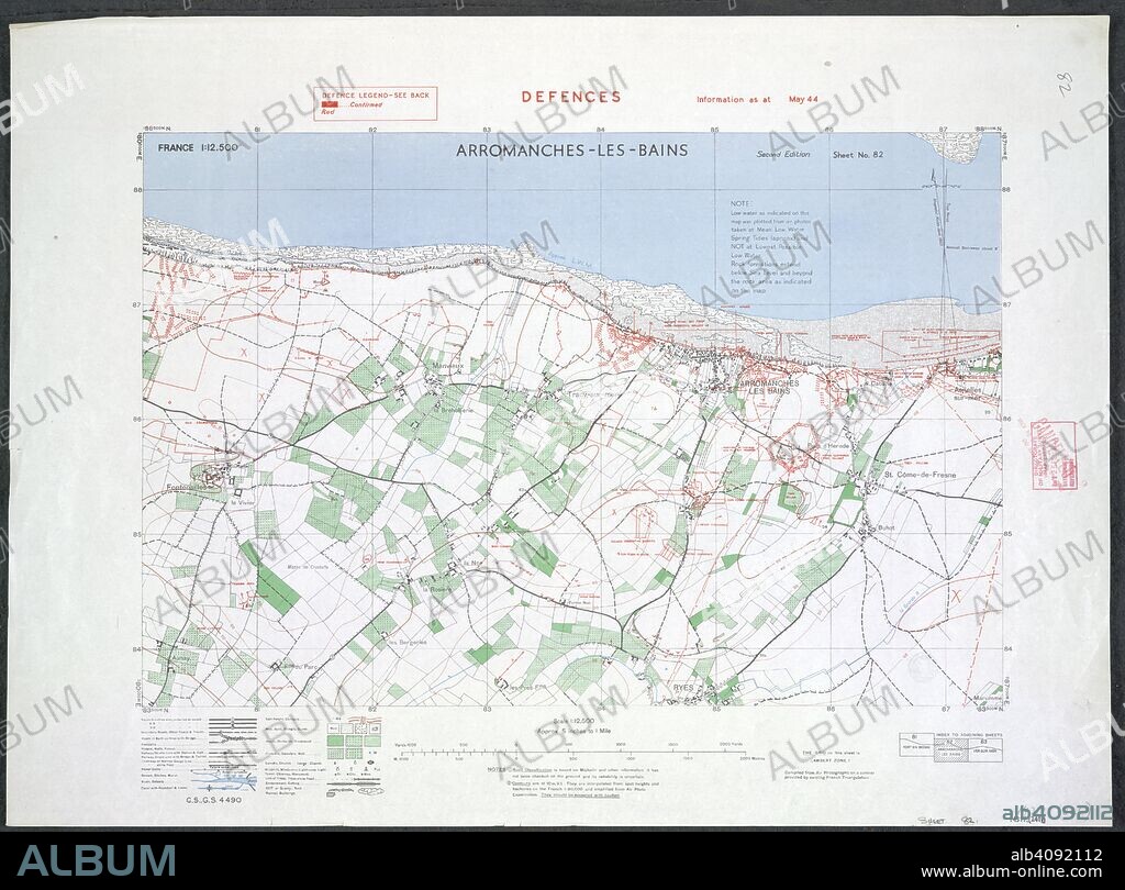 Arromanches - Les Bains. the French coast. A map of the Second World War. It was on the beach of Arromanches that, during the Invasion of Normandy immediately after D-Day, the Allies established an artificial temporary "Mulberry" harbour, named as Port Winston, to allow the unloading of heavy equipment. France 12,500 Defences Information as at May 1944. [London] : War Office, 1944. Source: Maps 14317.(241) 82.