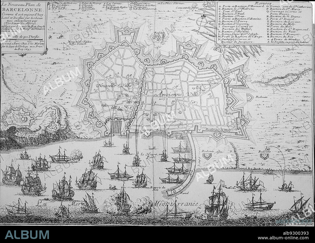 Mapa de barcelona 1697. Ciudadela atacada desde el mar. F. M. Alfonso i Denis Van Loon.