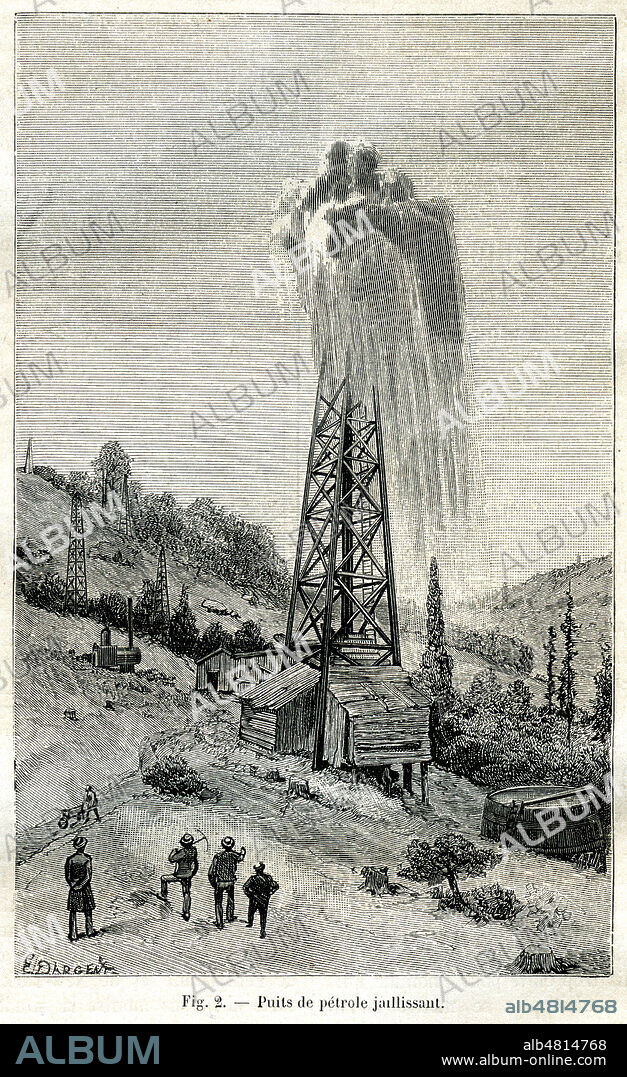 'Puits de petrole jaillissant' aux Etats Unis. Illustration par Dargent (1824-1889) tiree de la revue La Nature du 5 septembre 1885. Credit : Collection KHARBINE-TAPABOR.