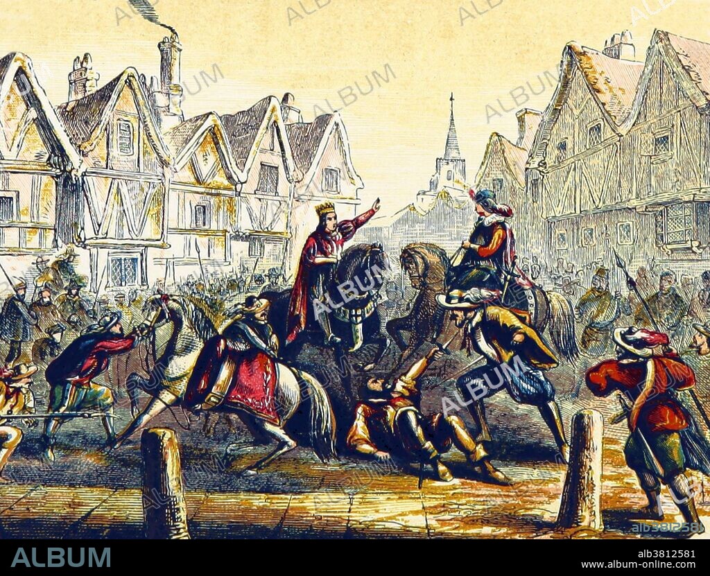 The Peasants' Revolt was a major uprising across large parts of England in 1381. The revolt had various causes, including the socio-economic and political tensions generated by the Black Death in the 1340s, the high taxes resulting from the conflict with France during the Hundred Years' War, and instability within the local leadership of London. Inspired by the sermons of the radical cleric John Ball, and led by Wat Tyler, a contingent of Kentish rebels advanced on London. On June 13, the rebels entered London and, joined by many local townsfolk, attacked the jails, destroyed the Savoy Palace, set fire to law books and buildings in the Temple, and killed anyone associated with the royal government. The following day, Richard met the rebels at Mile End and acceded to most of their demands, including the abolition of serfdom. Wat Tyler (died June 15, 1381) leader of the revolt was killed by officers loyal to King Richard II during negotiations at Smithfield, London. Image taken from page 314 of "A History of England for the Young" by Henry Tyrrell, 1872, entitled: Death of Wat Tyler.
