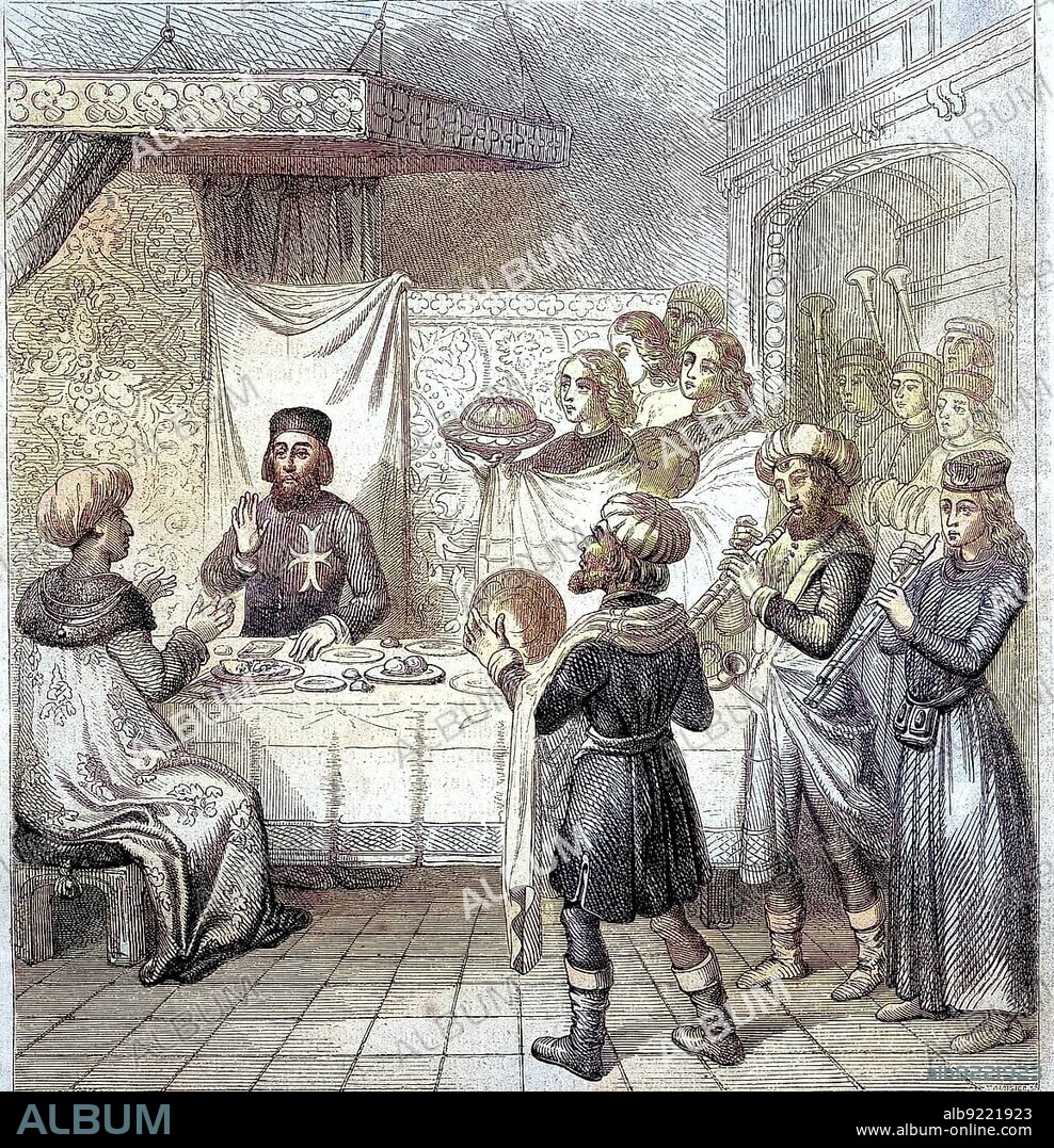 Sultan Cem or Cem Sultan, 1459-1495, also called Jem Sultan or Zizim by the French, was an heir to the Ottoman throne in the 15th century, here with Pierre dAubusson at a dinner in Rhodes, Greece, Historical, digitally restored reproduction of a 19th century original