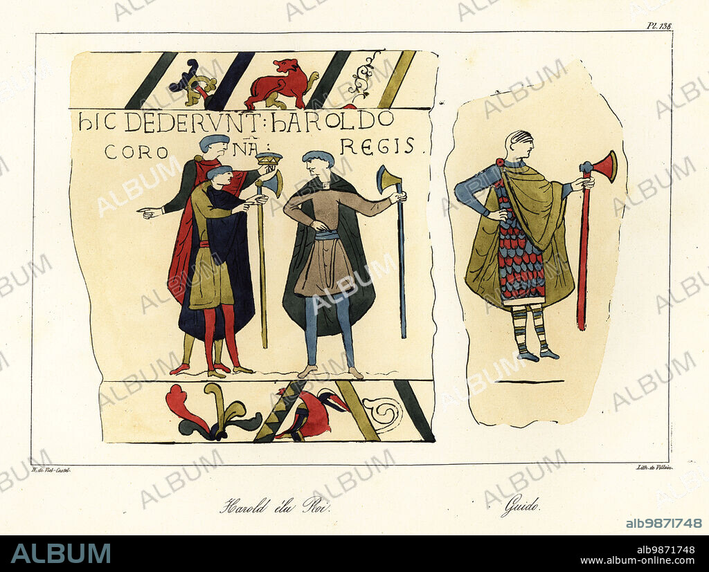 Harold Godwinson is offered the crown of England after the death of Edward the Confessor (left), and Guido, Count Guy I of Ponthieu holding a battleaxe. Harold elu Roi, Guido. Scenes from the Bayeux Tapestry depicting the Norman Conquest, 1066. Handcoloured lithograph by Villain after an illustration by Horace de Viel-Castel from his Collection des costumes, armes et meubles pour servir à l'histoire de la France (Collection of costumes, weapons and furniture to be used in the history of France), Treuttel & Wurtz, Bossange, 1829.