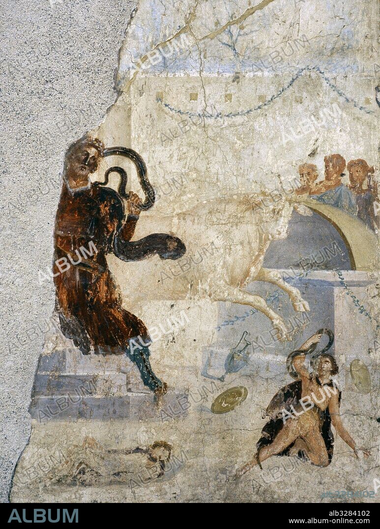 Pintura romana. Representación de la muerte del sacerdote troyano Laocconte, castigado por los dioses a morir estrangulado por serpientes marinas junto a sus dos hijos. Prodedente de la Casa de Laocconte, VI, 14, 30. Museo Arqueológico Nacional. Nápoles. Italia.