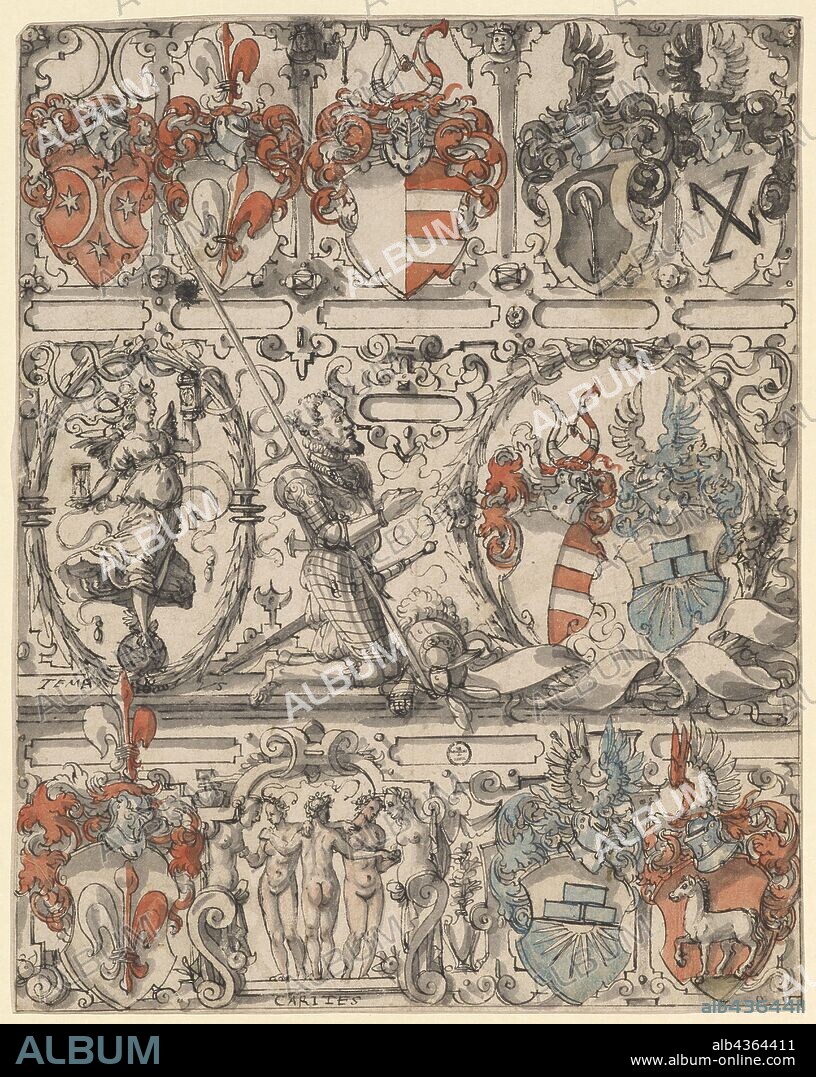Broken glass with kneeling knight, accompanied by Tempus, and the alliance crest Gebhardt-Kriegelstein (crack for Hans Wernhardt Gebhardt 1558-1605), 1588/90, feather in black, gray washed, in places with red, blue and pink watercolors, sheet: 29.5 x, 23.5 cm, each below the figures inscribed: TEMPVS, CARITES, Hans Jakob Plepp, Biel um 1557/60 – 1597/98 wohl in Bern.