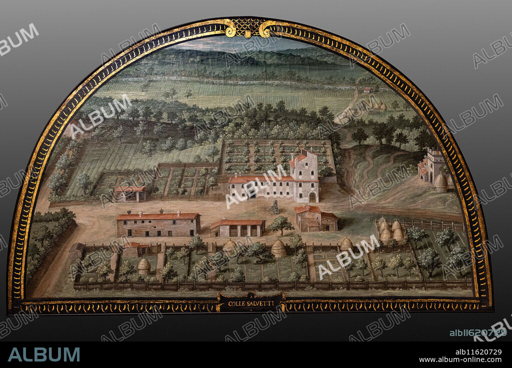 Medici Villa La Petraia: "the Medici villa of Collesalvetti", in the lunette "Colle Salvetti", one of the fourteen lunettes by Giusto Utens, Italianized name of Iustus van Utens, 1599-1602. The lunettes present idyllic aerial views of calligraphic precision, very decorative and precious evidence of the appearance of these buildings in the past. They were painted for the Medici villa of Artimino as an "inventory" (today we would say "cadastre") of the possessions of the Grand Duke Ferdinando I de' Medici, and after various moves, they are preserved today in the Villa La Petraia. Originally there were 17, but only 14 have reached us.