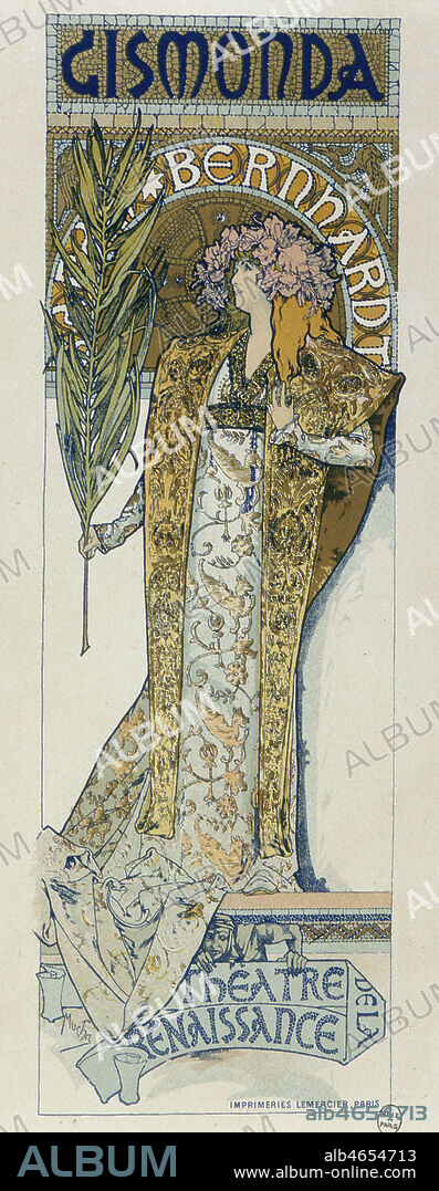 Affiche d'Alphonse MUCHA (1860-1939) pour la piece de Victorien Sardou, 'Gismonda', avec Sarah Bernhardt au Theatre de la Renaissance, 1894, Paris. Credit : Collection Grob/KHARBINE-TAPABOR.