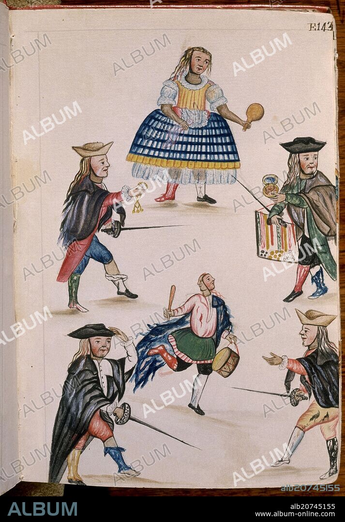 BALTASAR JAIME MARTÍNEZ COMPAÑÓN. CODICE TRUJILLO DEL PERU - TOMO II E 143 - DANZA DE LOS PARLAMPANES - ACUARELA - SIGLO XVIII.