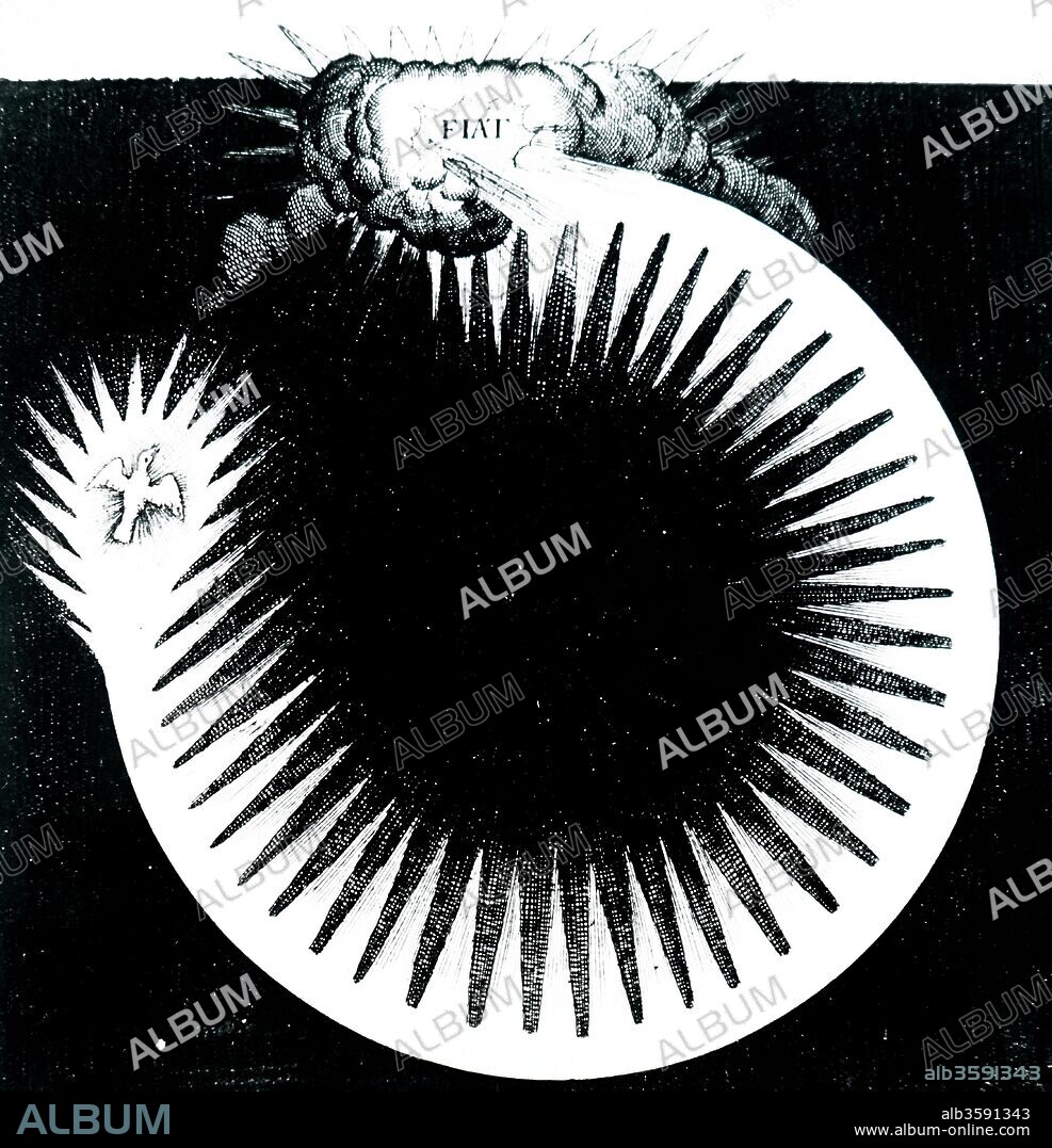 The creation of the universe: from a cloud representing God the Father coming forth the Word of Words, represented by the Fiat. Illustrated by Robert Fludd (1574-1637) an English Paracelsian physician with both scientific and occult interests. Dated 17th Century.