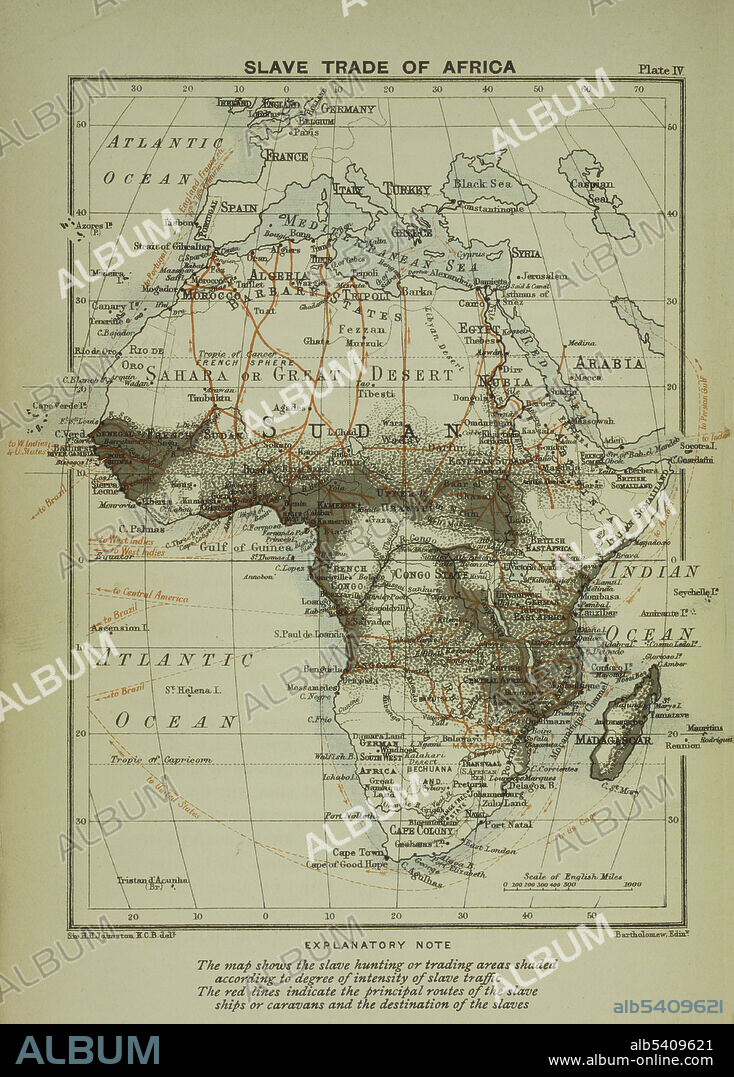 A map of the slave trade in Africa that shows the regions of most intense activity. The map shows the slave hunting or trading areas shaded according to degree of intensity of slave traffic. The red lines indicate the principal routes of the slave ships or caravans and the destination of the slaves.