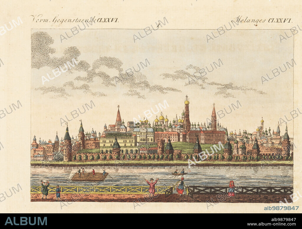 View of the Kremlin from the Sofiyskaya Embankment, Moscow, Russia. Walled fortress with the Ivan Veliki bell tower, Dormition Cathedral designed by architect Aristotele Fioravanti, Grand Kremlin Palace, on the Moskva River. Handcoloured copperplate engraving from Carl Bertuch's Bilderbuch fur Kinder (Picture Book for Children), Weimar, 1813. A 12-volume encyclopedia for children illustrated with almost 1,200 engraved plates on natural history, science, costume, mythology, etc., published from 1790-1830.