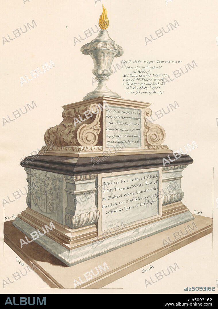 Tomb of Watts Family, from West Ham Church, Daniel Lysons, 17621834, British, between 1796 and 1811, Pen and black ink, watercolor and gouache over graphite on medium, slightly textured, cream wove paper, Sheet: 15 × 10 5/8 inches (38.1 × 27 cm), architectural subject.