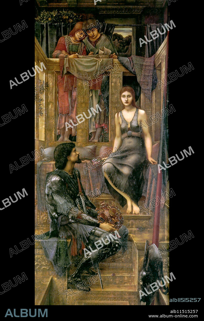 EDWARD BURNE-JONES. King Cophetua & the Beggar Maid; The King and the Beggar-maid" is a Medieval romance which tells the legend of the prince Cophetua and his unorthodox love for the beggar Penelophon (or Zenelophon); According to tradition, Cophetua was an African king known for his lack of any natural sexual attraction to women. One day while looking out a palace window he witnesses a young beggar (Penelophon) suffering for lack of clothes. Struck by love at first sight, Cophetua decides that he will either have the beggar as his wife or commit suicide.  Sir Edward Coley Burne-Jones, 1st Baronet ARA (28 August 1833 – 17 June 1898) was an English artist and designer closely associated with the later phase of the Pre-Raphaelite movement, who worked closely with William Morris on a wide range of decorative arts as a founding partner in Morris, Marshall, Faulkner & Co.