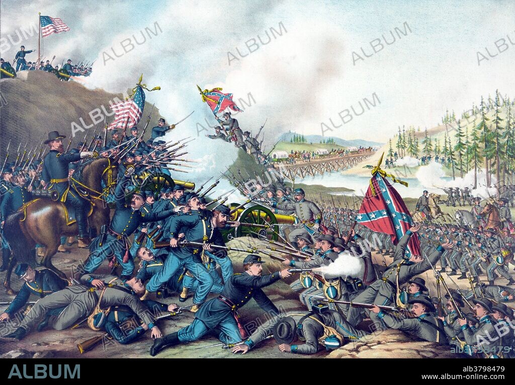 The Battle of Franklin was fought on November 30, 1864, at Franklin, Tennessee, as part of the Franklin-Nashville Campaign of the American Civil War. It was one of the worst disasters of the war for the Confederate States Army. Confederate General John Bell Hood's Army of Tennessee conducted numerous frontal assaults against fortified positions occupied by the Union forces under General John M. Schofield and was unable to break through or to prevent Schofield from a planned, orderly withdrawal to Nashville. The Confederate assault resulted in devastating losses to the men and the leadership of the Army of Tennessee - fourteen Confederate generals (six killed or mortally wounded, seven wounded, and one captured) and 55 regimental commanders were casualties. The Franklin-Nashville Campaign was a series of battles in the Western Theater, conducted from September 18 to December 27, 1864, in Alabama, Tennessee, and northwestern Georgia. The Confederate Army of Tennessee under General John Bell Hood drove north from Atlanta, threatening General William Sherman's lines of communications and central Tennessee. After a brief attempt to pursue Hood, Sherman returned to Atlanta and began his March to the Sea, leaving Union forces under General George Thomas to deal with Hood's threat. Chromolithograph by Kurz & Allison, 1891.