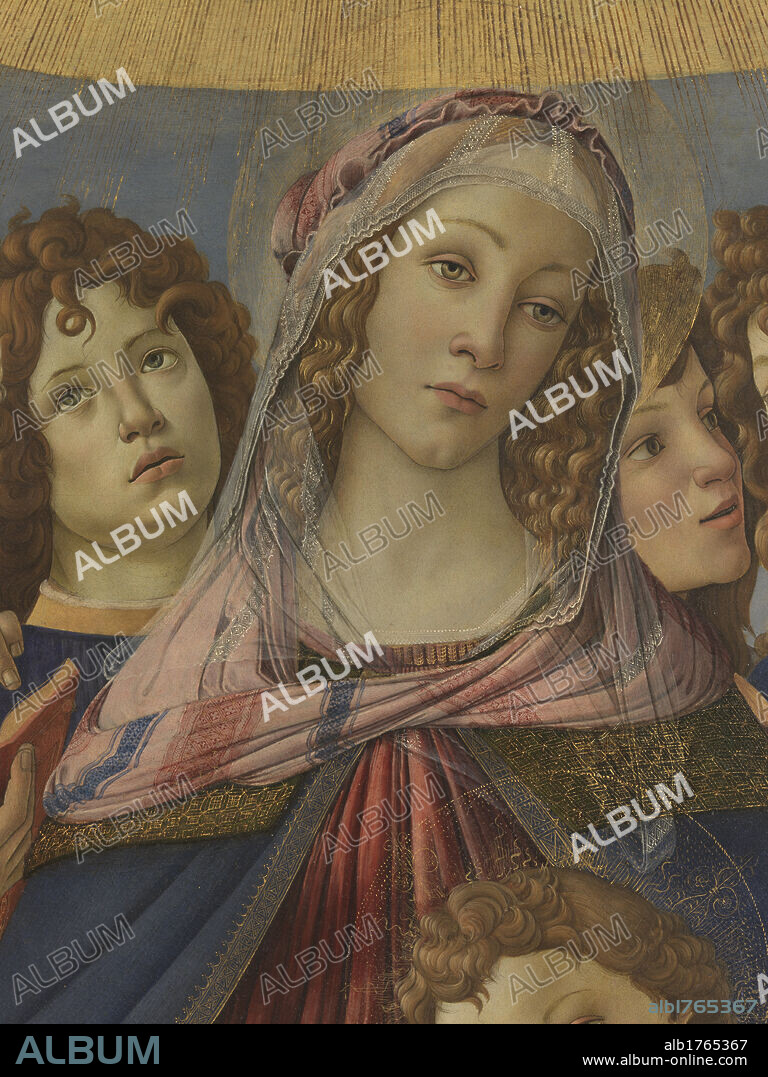 Virgin and Child with six angels (Madonna of the Pomegranate), by Sandro Filipepi Known as Botticelli, 1487, 15th Century, tempera on panel, 143,5 cm. Italy, Tuscany, Florence, Uffizi Gallery. Detail face Virgin Madonna veil cloak halo wavy hair two angels faces blu red brown tones gold, photographic campaign 2009. Authorization required for non editorial use.