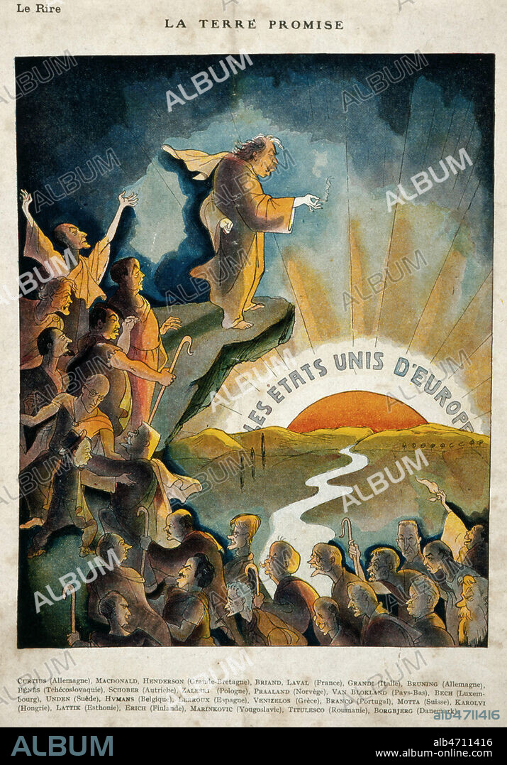 'La terre promise : les etats unis d'Europe' : Aristide BRIAND (1862-1932), President du Conseil et Ministre des affaires etrangeres, guidant les membres de la 12e assemblee generale de la Societe des Nations (SDN). Caricature de DERSO et KELEN publiee dans Le Rire du 26/09/1931 numero special intitule "Le testament de geneve" . Credit : Collection KHARBINE-TAPABOR.