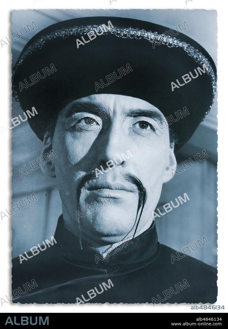 CINEMA Postcard with a portrait of Christopher Lee (May 27, 1922 - June 7, 2015), in the role of the evil Dr. Fu Manchu in a series of five films produced by Harry Alan Towers. Designed by the British writer Sax Rohmer (pseudonym of Arthur Sarsfield Ward, 15 February 1883 - 1 June 1959), Fu Manchu represents the prototype of the evil genius, the sworn enemy of the Western world, the personification of the 'yellow danger'. International production Great Britain, Spain, Germany, USA, developed between 1965 and 1968.