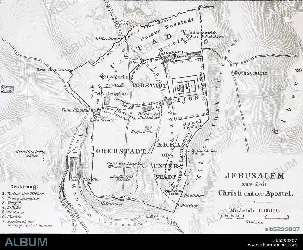 map of Jerusalem at the time of Jesus Christ,   /  Karte von Jerusalem zur Zeit Jesus Christus, Historisch, digital improved reproduction of an original from the 19th century / digitale Reproduktion einer Originalvorlage aus dem 19. Jahrhundert.