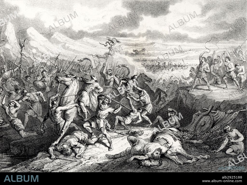 Historia. Expedición de los íberos sobre Sicilia en auxilio de los cartagineses durante la Primera guerra púnica contra el imperio romano, el 262 a. C. Grabado de 1871.