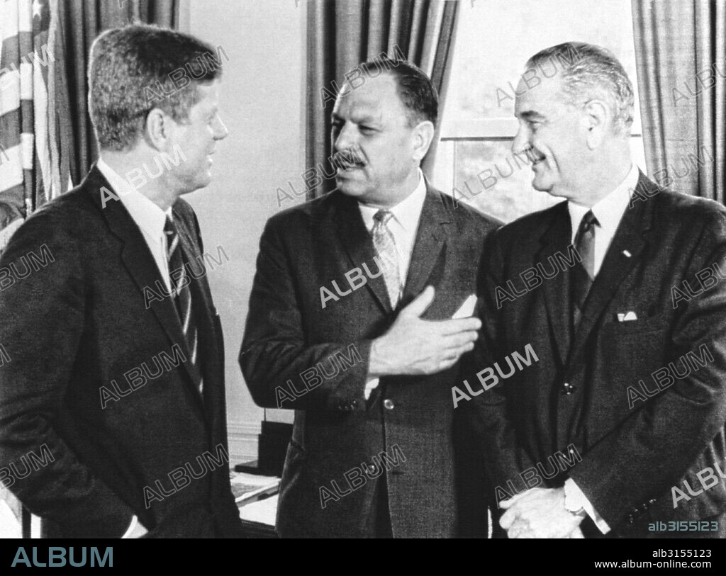 Washington, D.C.:  July 13, 1961 President Kennedy and Vice President Lyndon Johnson with Pakistan President Mohammad Ayub Khan at the White House at the conclusion of three days of talks.