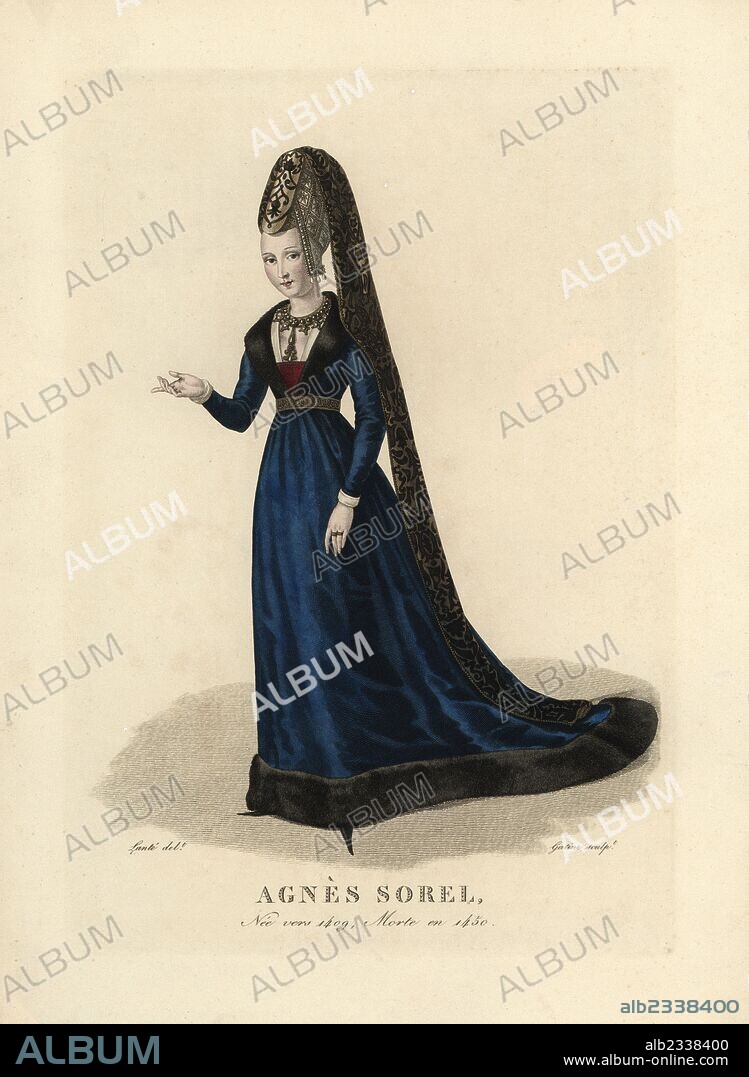 Agnes Sorel, mistress of King Charles VII of France, c.1409-1450. Handcoloured copperplate engraving by Gatine after an illustration by Louis Marie Lante from Pierre de la Mesangere's "Costumes des femmes celebres" (Costumes of Famous Women), Paris, 1827.