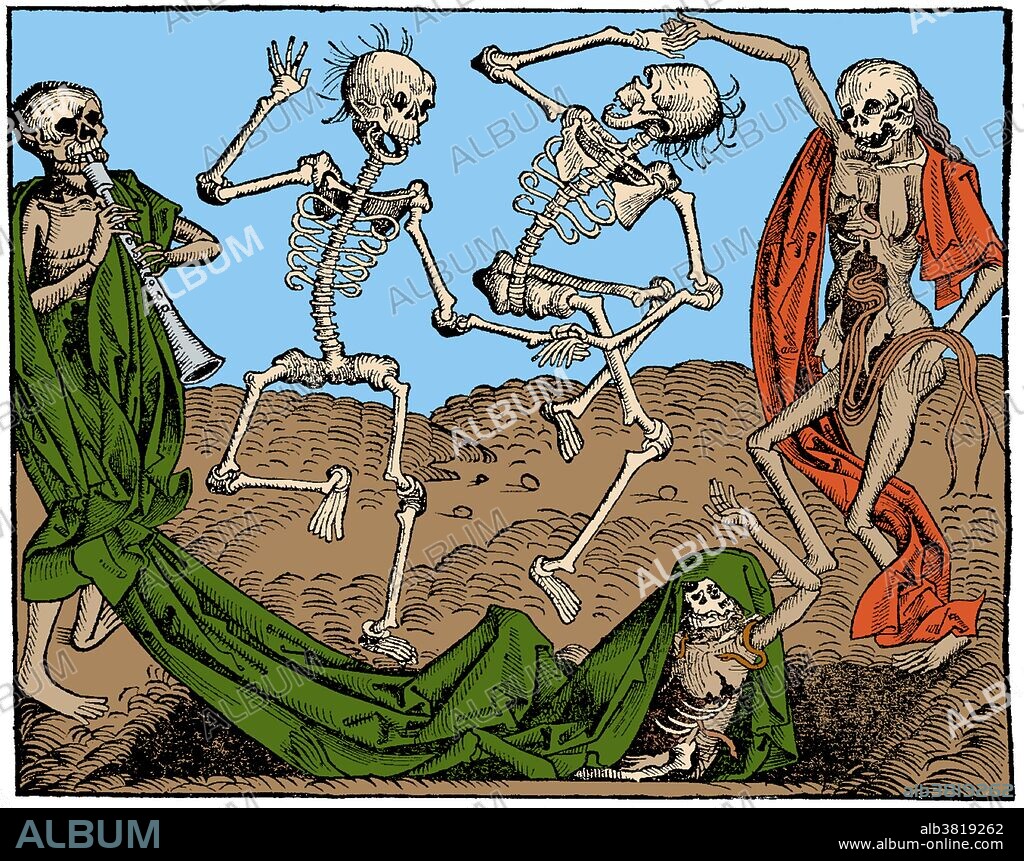 Woodcut by Michael Wolgemut published in the 'Liber chronicarum' (Book of Chronicles, Nuremburg, 1493) by the German physician Hartmann Schedel. Visual motif: Skeletons are rising from the dead for the dance of death. Dance of Death, also called Danse Macabre (French), Danza Macabra (Italian), Dansul Mortii (Romanian), Danza de la Muerte (Spanish), Dansa de la Mort (Catalan), Danca Macabra (Portuguese language), Totentanz (German), Dodendans (Dutch), Surmatants (Estonian), is an artistic genre of late medieval allegory on the universality of death: no matter one's station in life, the Dance of Death unites all.