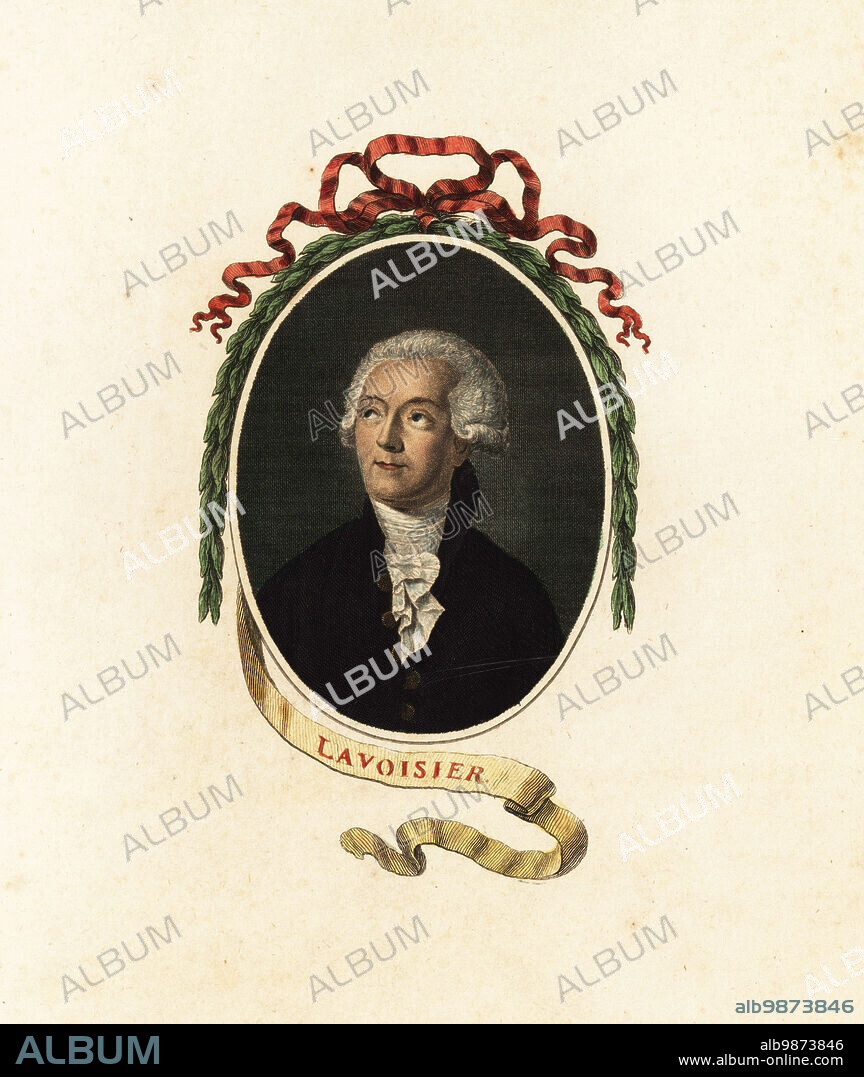 Antoine Lavoisier, French chemist, economist and nobleman, 1743-1794. Chemical Philosophers of the Present Day. Handcoloured copperplate engraving by James Caldwell after a portrait by Jacques Louis David from Dr. Robert John Thorntons New Illustration of the Sexual System of Carolus von Linnaeus, the Temple of Flora, London, 1805.