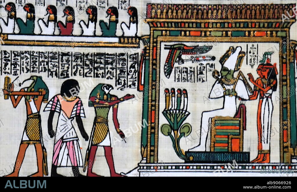 Contemporary papyrus depicting the ancient Egyptian god, Osiris. The god of fertility, alcohol, agriculture, the afterlife, the dead, resurrection, life, and vegetation in ancient Egyptian religion. Osiris was classically depicted as a green-skinned deity with a pharaoh's beard, partially mummy-wrapped at the legs, wearing a distinctive atef crown, and holding a symbolic crook and flail.