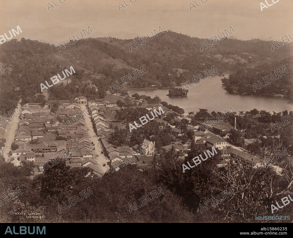View of Kandy, Sri Lanka, View of the city of Kandy in the district of the same name, Sri Lanka., Charles T. Scowen & Co., Kandy, c. 1870 - c. 1890, paper, albumen print, height 213 mm, width 281 mm, height 323 mm, width 407 mm, photograph.