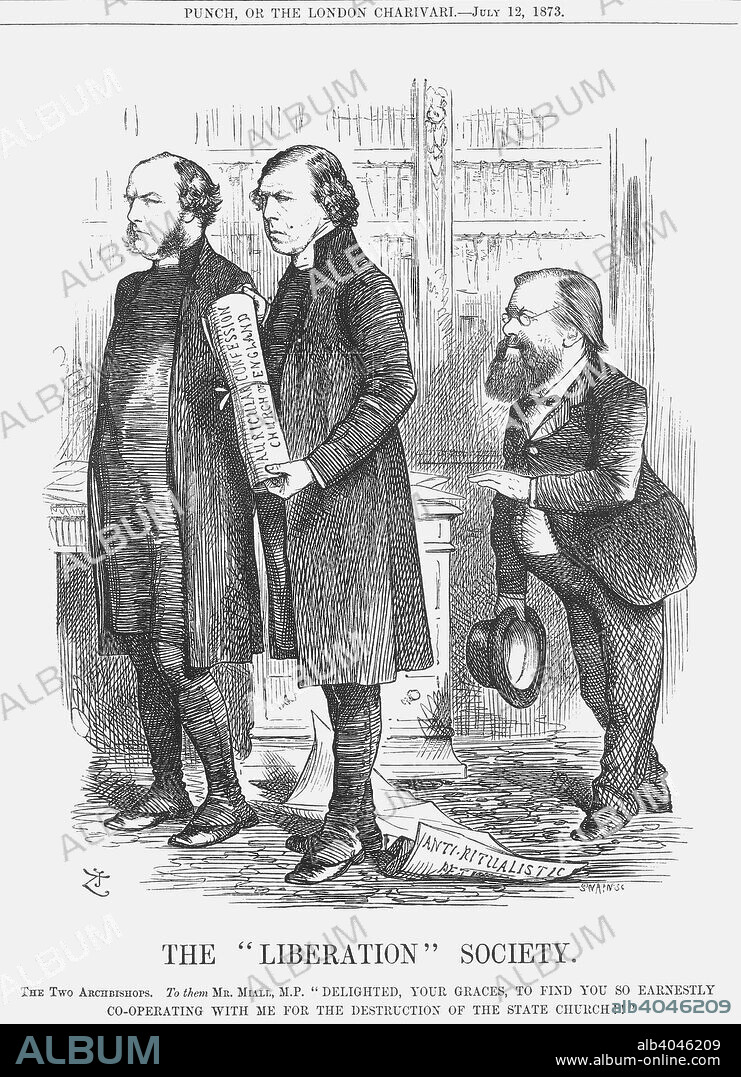 'The Liberation Society', 1873. The Archbishops of York and Canterbury carry a scroll entitled Auricular Confession. Behind them, Edward Miall thanks them for their 'support'. This cartoon illustrates how ritualism in the Church of England was causing concern. In May, an Anti-Ritualist Petition, seen on the floor, had been presented to the Archbishop at Lambeth Palace. This besought the Church to exercise its authority to eliminate rituals seen to be Catholic, and thus undermining Protestant principles, from Anglican ceremonies. Mr Miall had long been a critic of the Church. He was the author of The British Churches in Relation to the British People in 1849. This had been very critical of the Church's lack of relevance to the lives of the great mass of working people, describing three quarters of ministers as ignorant and schooled in corruption and worldliness. From Punch, or the London Charivari, July 12, 1873.
