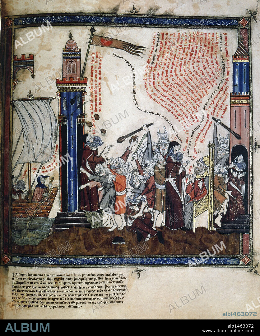 LLULL, Ramon (Palma de Mallorca, 1233 o 1235-Bujía, 1315 o 1316). Filósofo, místico y literato conocido como el "Doctor Iluminado". "VIAJE DE RAMON LLULL A BUJIA COMO MISIONERO, SU LAPIDACION Y ENCIERRO EN LA CARCEL". Miniatura del Códice Breviculum. Fol.10r. (Edición facsímil). Biblioteca de Baden. Karlsruhe. Alemania.