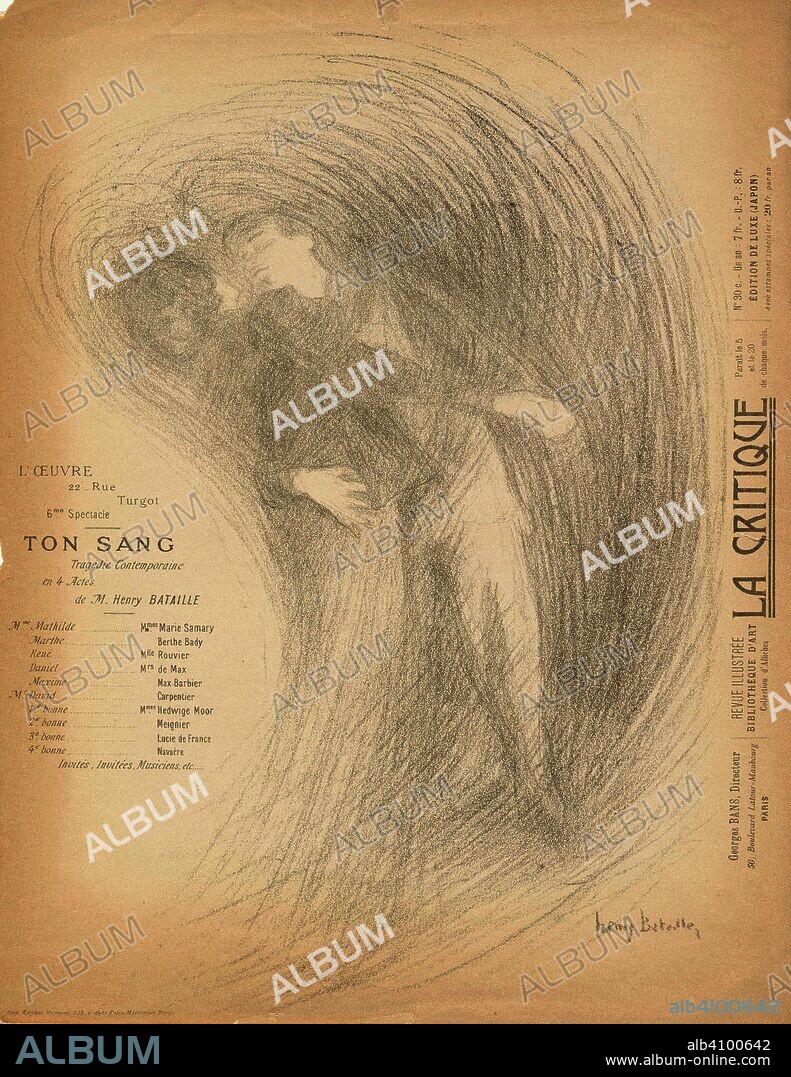 Theatre programme for Ton sang by Henry Bataille (Théâtre de l'Oeuvre, 8 May 1897). Dimensions: 35.3 cm x 27.4 cm, 35.3 cm x 27.4 cm.