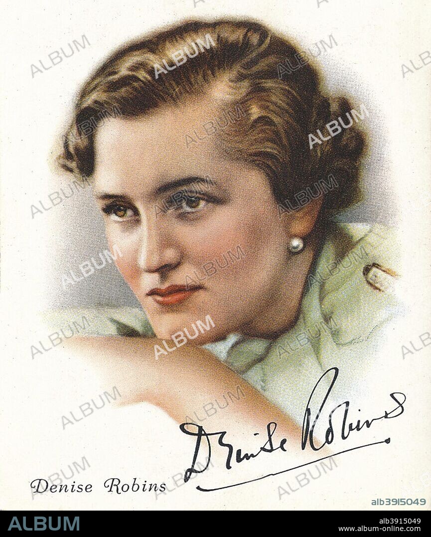 Denise Robins (1897-1985), English romantic novelist and the first President of the Romantic Novelists' Association (1960-1966), 1937. She wrote under her first married name and under the pen-names: Denise Chesterton, Hervey Hamilton, Francesca Wright, Ashley French, Harriet Gray and Julia Kane. Cigarette card 29 of 40 from Famous British Authors published by WD & HO Wills. A promotional item issued by the Imperial Tobacco Company of Great Britain & Ireland Ltd.